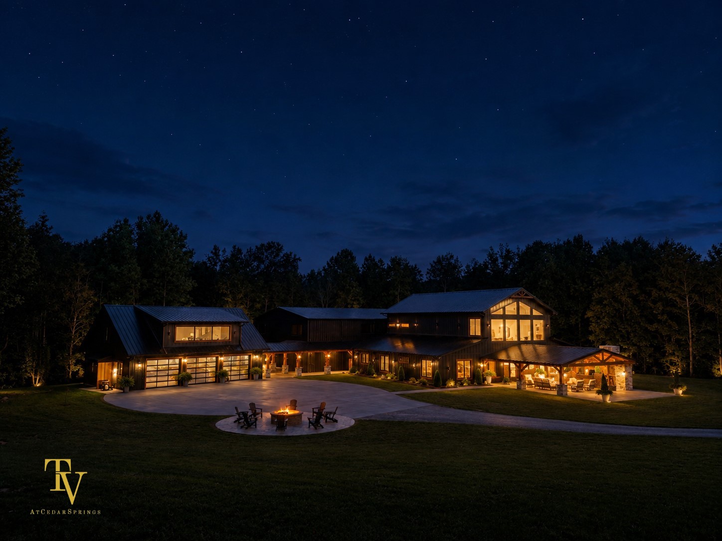 Aerial view of venue at night